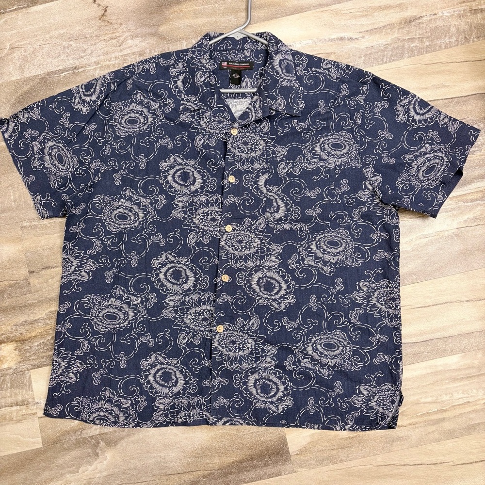Polo Jeans Ralph Lauren Floral Hawaiian Shirt Navy Blue Cotton Aloha USA L Large